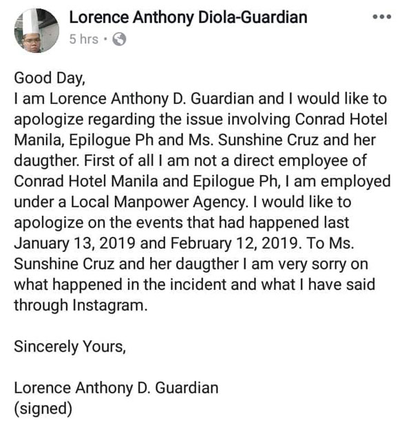 Chef who sent lewd messages apologizes to Sunshine Cruz daughters