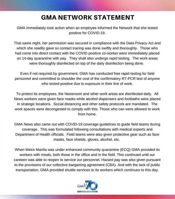 GMA Network statement re covid-19 positive employee