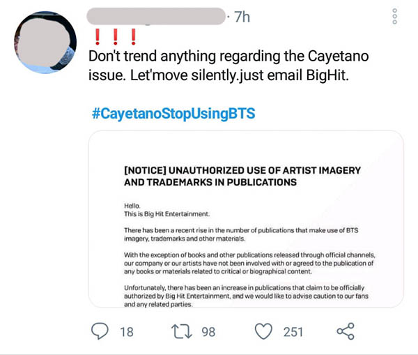 Pinoy ARMY urges fans to mass email bighit to report cayetano