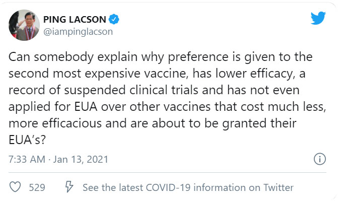 ping lacson tweet on sinovac vaccine