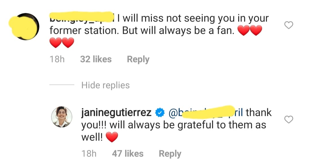 netizen comment about missing janine as a kapuso; janine replies