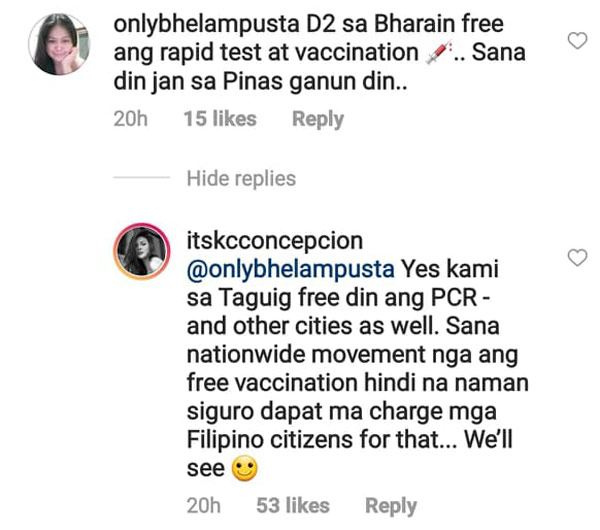 KC concepcion comment exchange with follower about COVID-19 vaccine