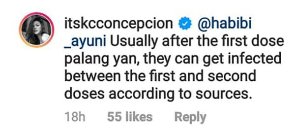 KC concepcion reply to follower about COVID-19 vaccine