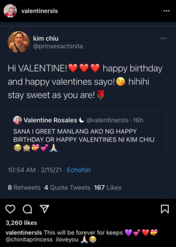 valentine rosales reposted kim chiu greeting on instagram