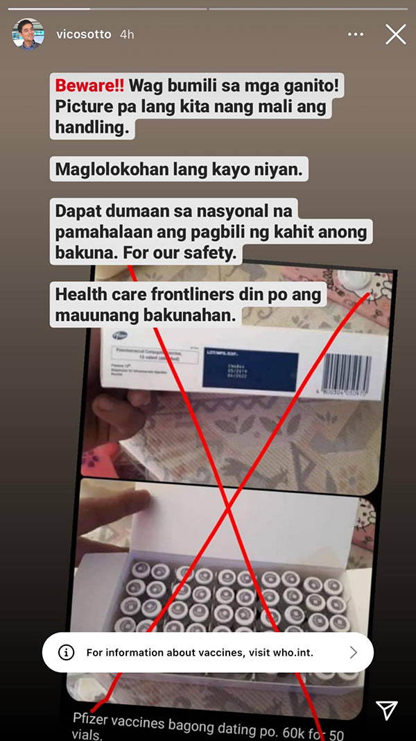 vico sotto instagram photo of covid-19 vaccine being sold online
