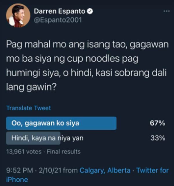 Darren Espanto tweets about making cup noodles for someone you love