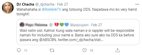 Twitter Repost: DJ Chacha laughs at netizen claims that she's a DDS