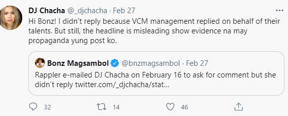 Twitter Repost: DJ Chacha replies to Bonz Magsambol tweet
