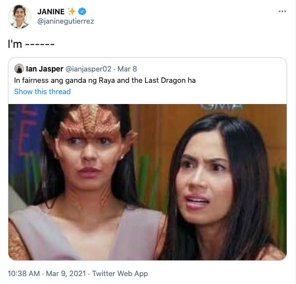 Janine Guiterrez quote retweeted netizen funny post comparing Dragon Lady to Raya and the Last Dragon