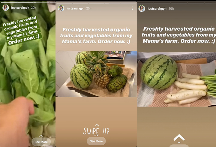 IG Story: Sarah Geronimo promotes Mommy Divine organic fruits and vegetables