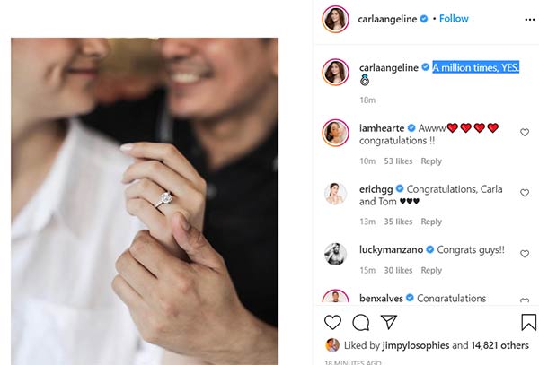 IG Post: Carla showing her engagement ring