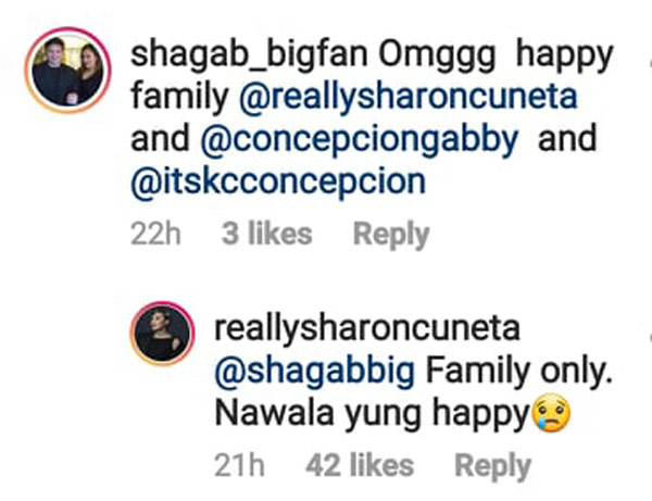 IG comment: fan comments on the happy family moment of Sharon, Gabby and KC; Sharon replies