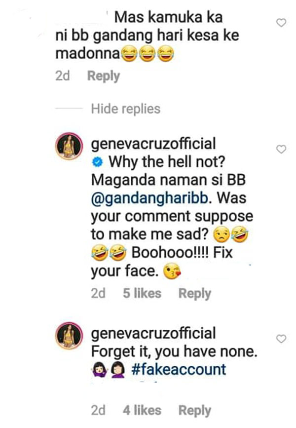 IG Comment: Netizen says Geneva looks like BB rather than Madonna, Geneva claps back