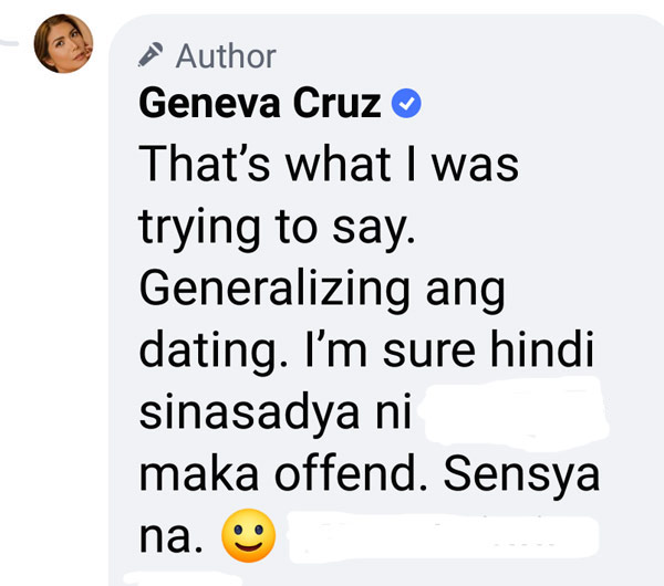 FB Comment: Geneva replies and urges people to stop generalizing
