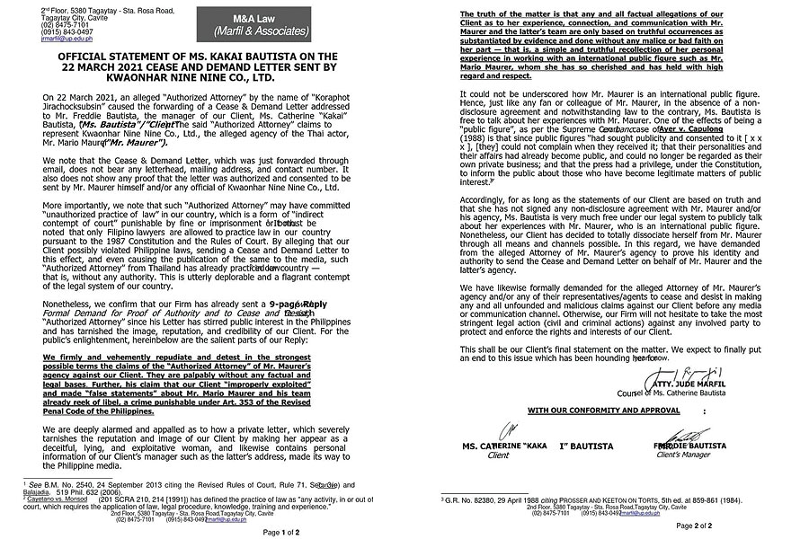 Kakai Bautista's camp official statement on Mario Maurer issue