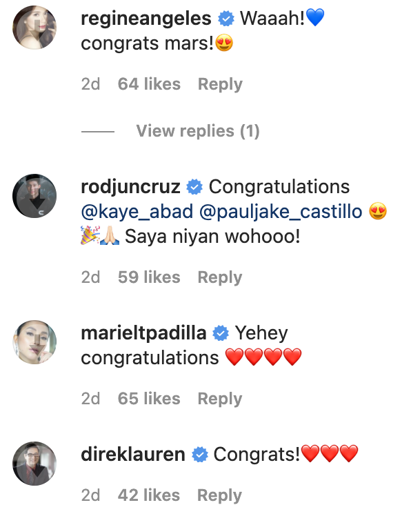 IG Comments: Regine Angeles, Rodjun Cruz, Mariel Padilla, Lauren Dyogi congratulate Kaye Abad and Paul Jake Castillo