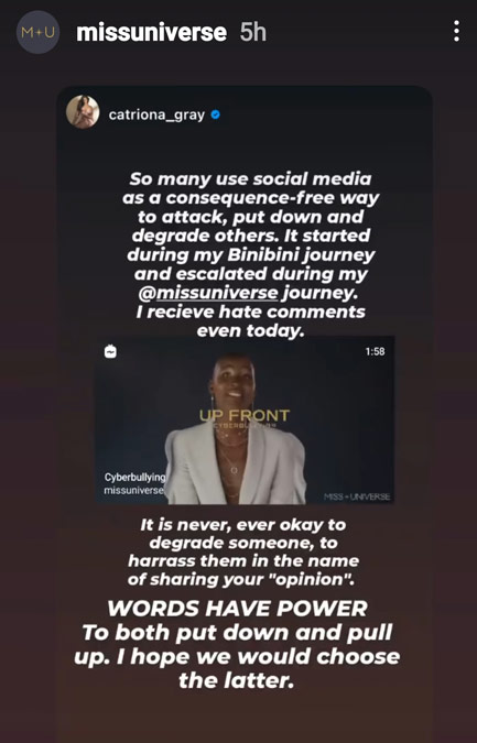 IG Stories: Miss Universe reposted Catriona Gray cyberbullying campaign