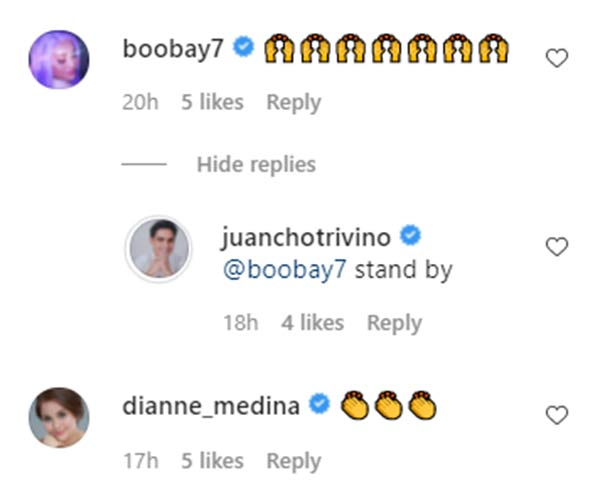 Instagram: comedian Boobay and Dianne Medina replies to Juancho Trivino post