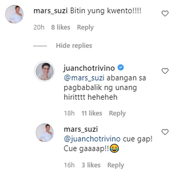 Instagram: Suzi Entrata-Abrera replies to Juancho Trivino post