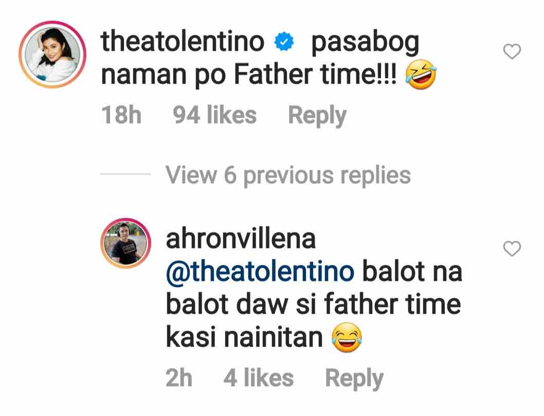 Filipina Actress Thea Tolentino comments on Ahron Villena's Instagram post