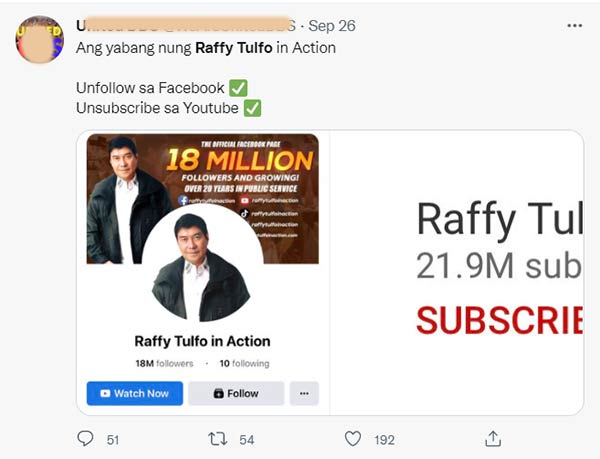 DDS urges co supporters to unfollow Raffy Tulfo FB and Youtube
