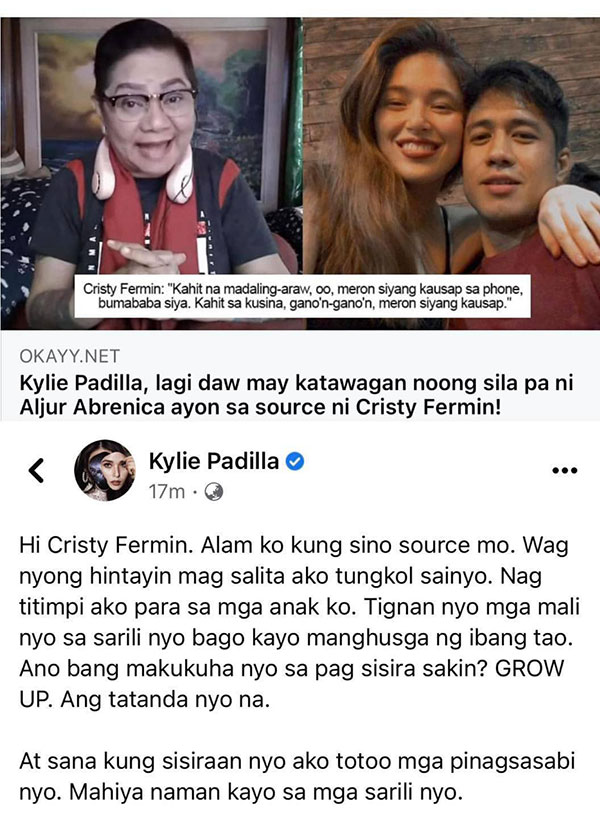 FB Post: Kylie Padilla calls out Cristy Fermin article