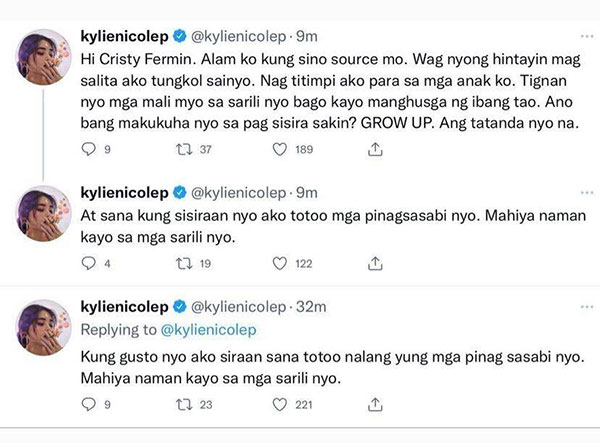 Kylie Padilla tweets against Cristy Fermin claim of her cheating Aljur