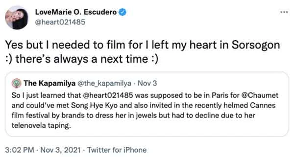 Heart Evangelista tweet about Chaumet and Cannes Film Festival