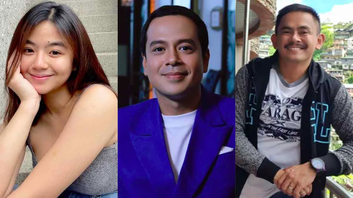 Miles Ocampo in a gray shirt, John Lloyd Cruz in a blue suit, and Jayson Gainza in white shirt