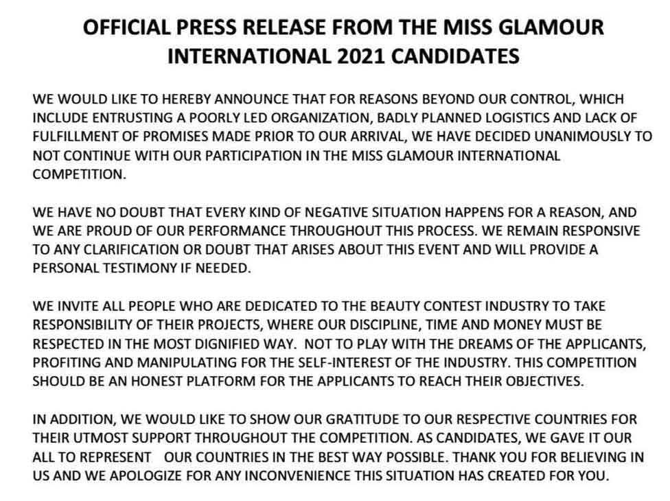 Miss Glamour International candidates official statement
