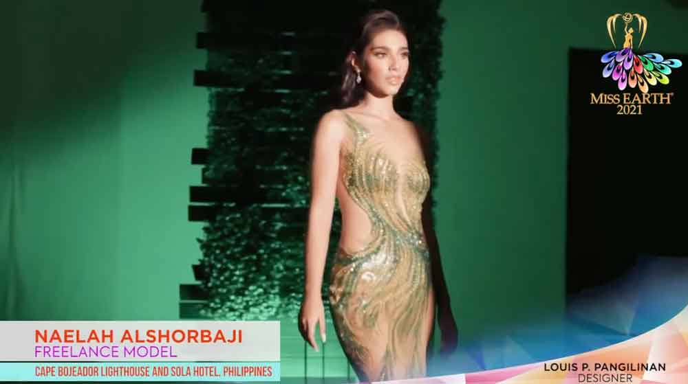 Naelah Alshorbaji wearing her Louis Pangilinan evening gown at Miss Earth 2021 preliminaries