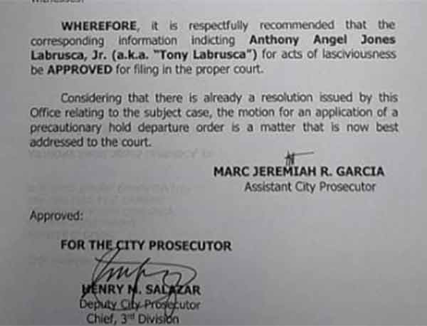Makati Prosecutor on Tony Labrusca acts of lasciviousness charge