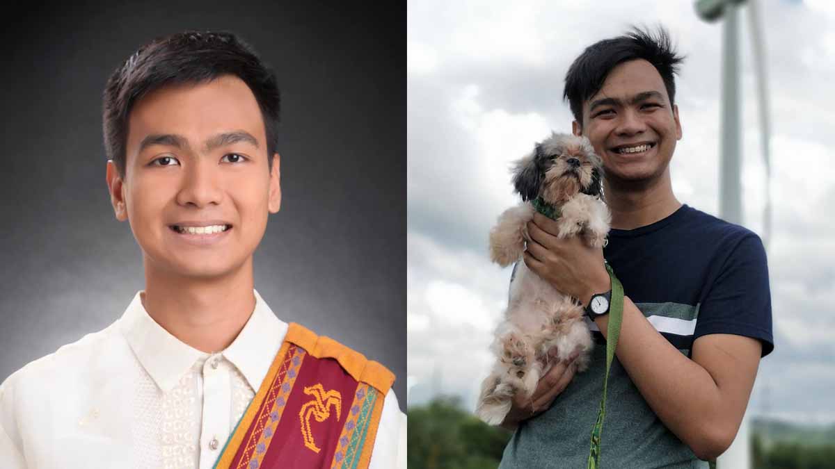 Sirven Carandang Garibay graduation photo, at right is holding a dog