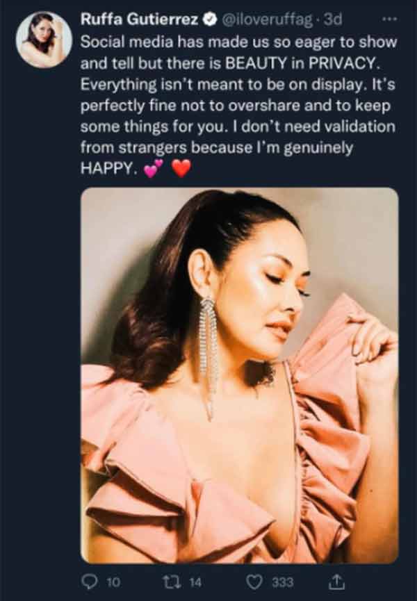 Ruffa Gutierrez tweet about privacy and being happy