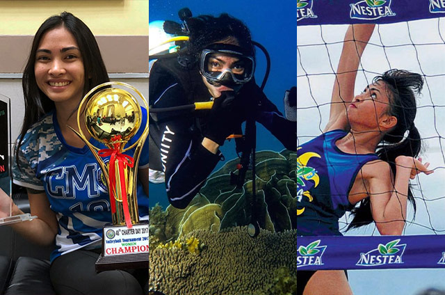 Bea Gomez playing volleyball, doing scuba diving, holding 5K run first place trophy
