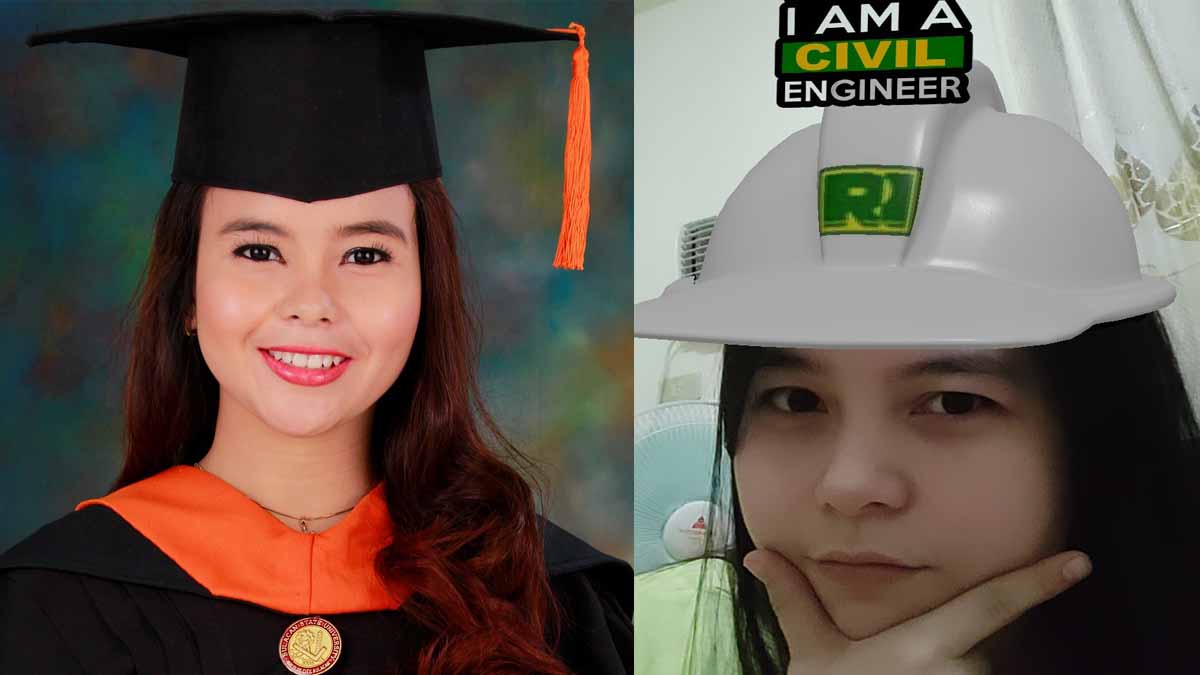 Kathreen Louise Del Rosario graduation photo, and with helmet