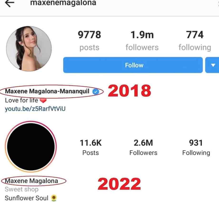 Maxene Magalona drops husband's surname on Instagram handle