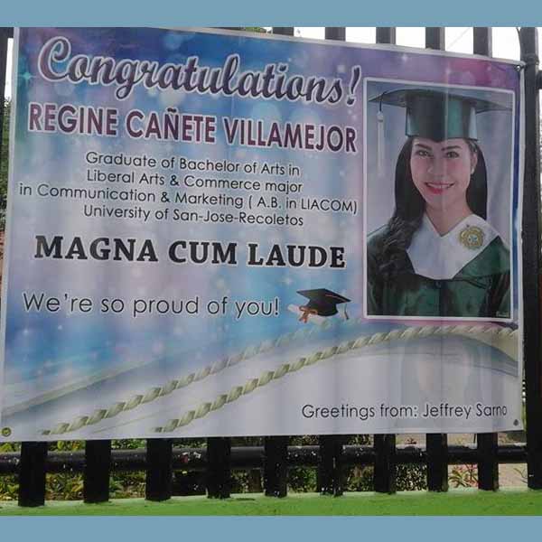 Tarpaulin with photo of Regine Cañete Villamejor's graduation