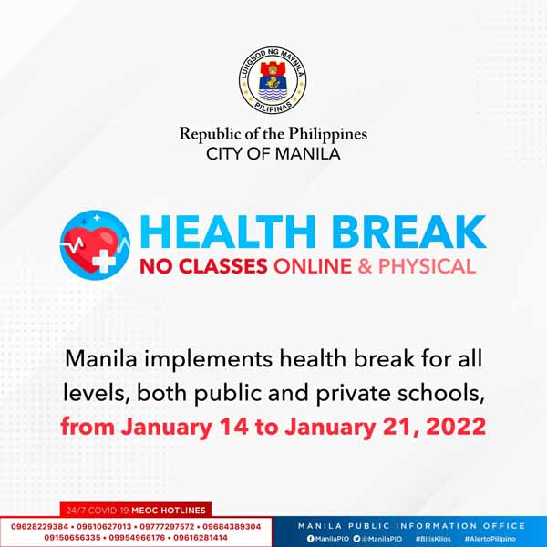 Announcement of 1 week health break in Manila