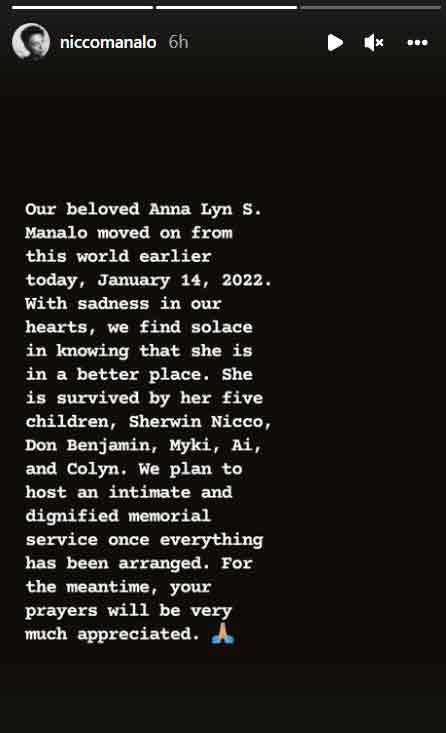 Nicco Manalo mourns death of mother Anna Lyn