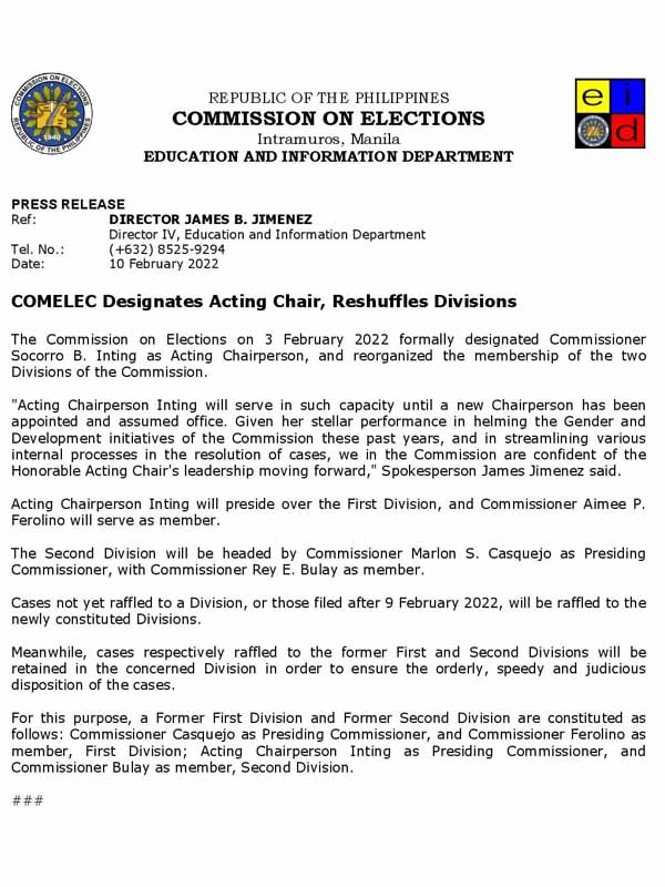 Socorro Inting itinalaga ng Comelec bilang acting chairperson PEP.ph