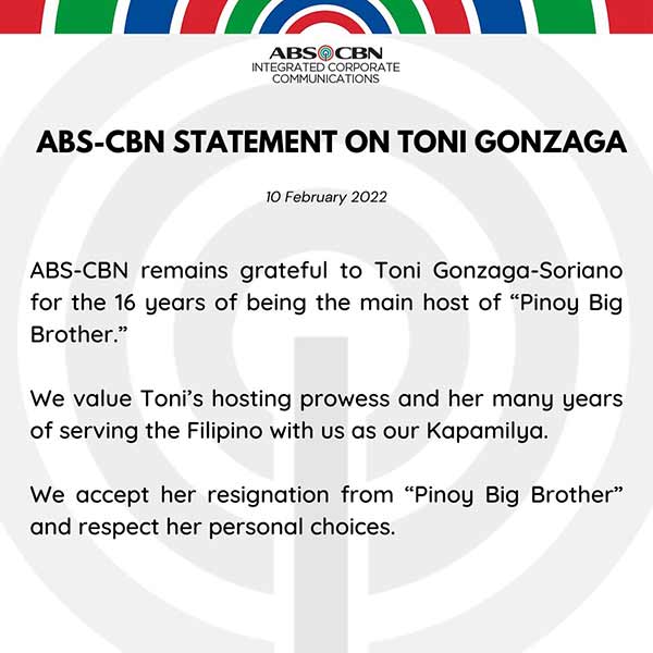 ABS-CBN statement on Toni Gonzaga