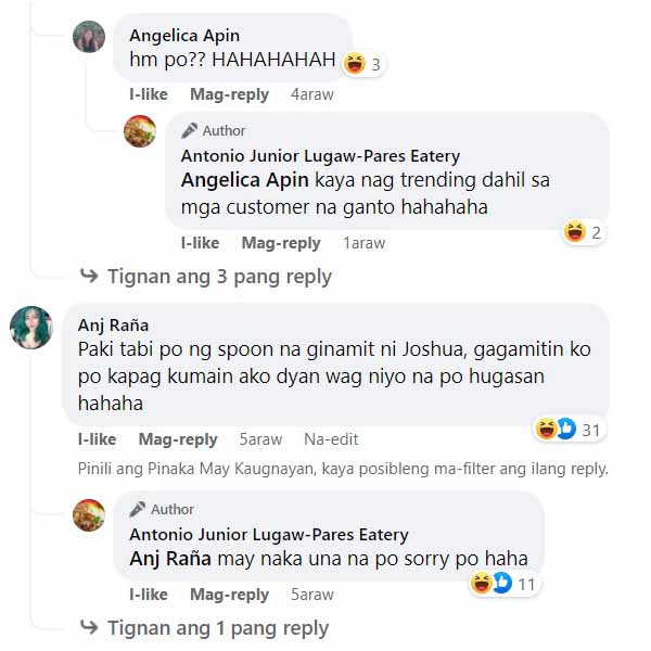 Screenshots of netizens' replies to karinderya post.
