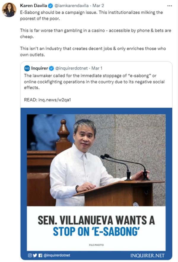 Karen Davila, e-sabong, Senator Joel Villanueva