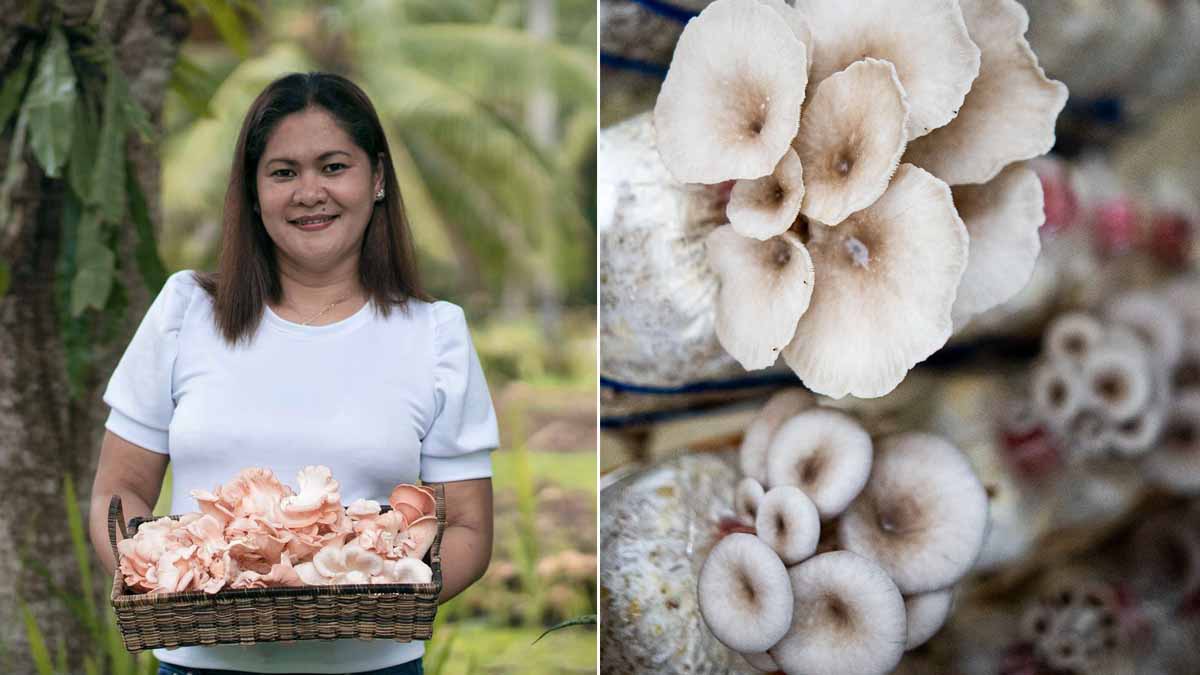 Rona Denque with her mushroom produced.