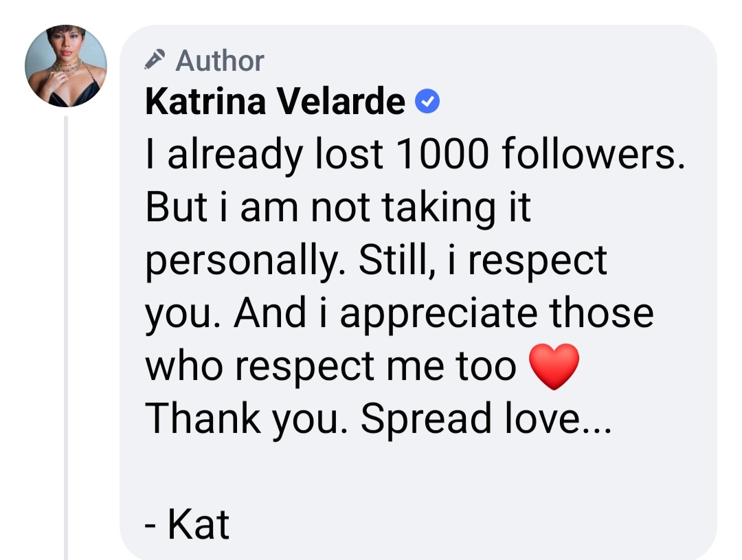 Katrina Velarde lost followers after supporting UniTeam