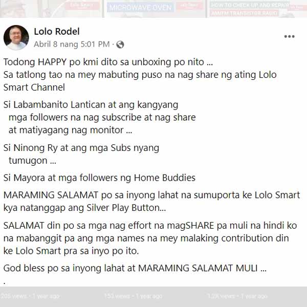 Lolo Smart's Facebook post thanking his subscribers