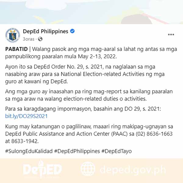 DepEd's announcement of classes suspension in public schools on May 2-13