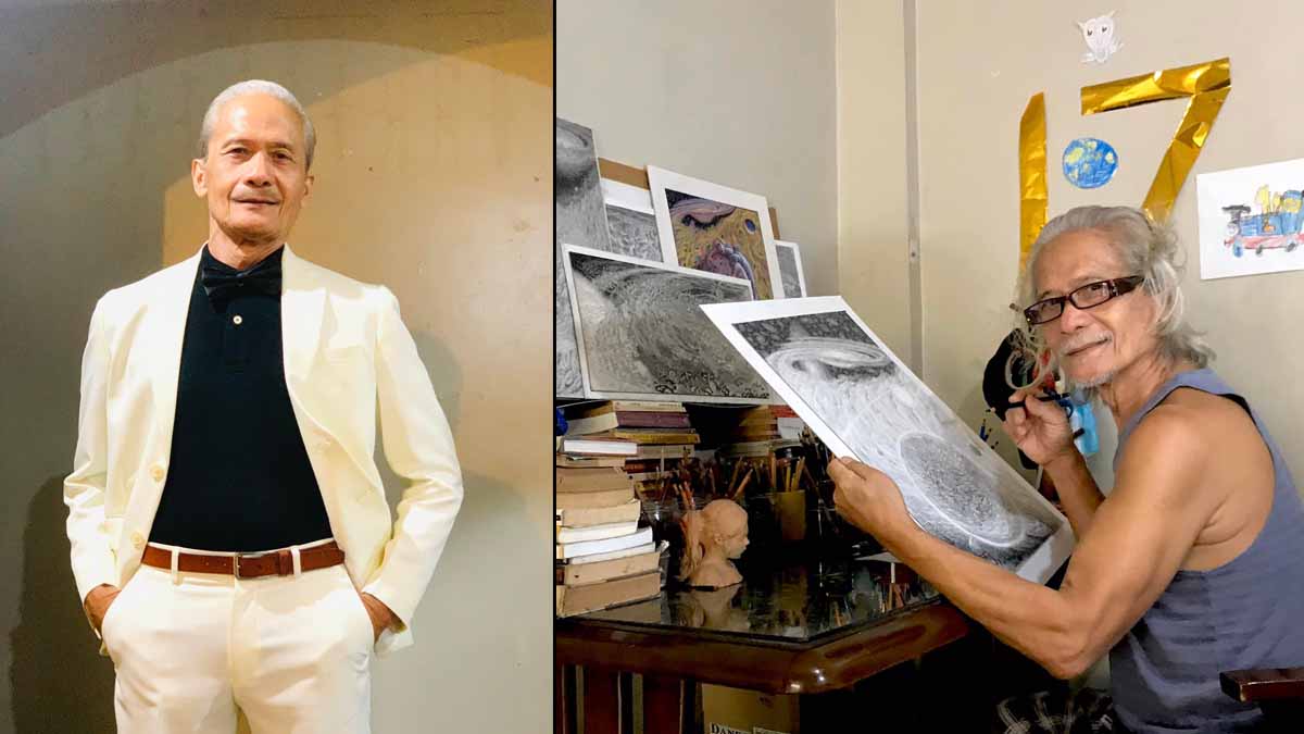 Pen Medina in formal attire, and while painting.