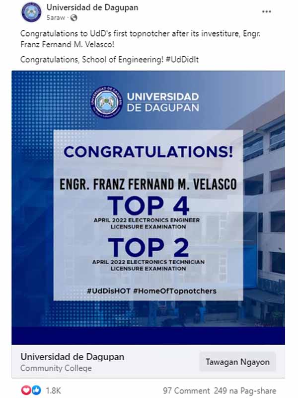 Universidad de Dagupan congratulates Franz Fernand Velasco